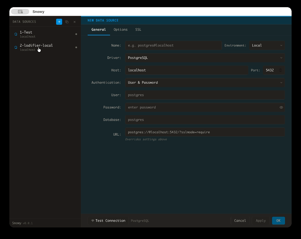 Snowy query editor and results panel