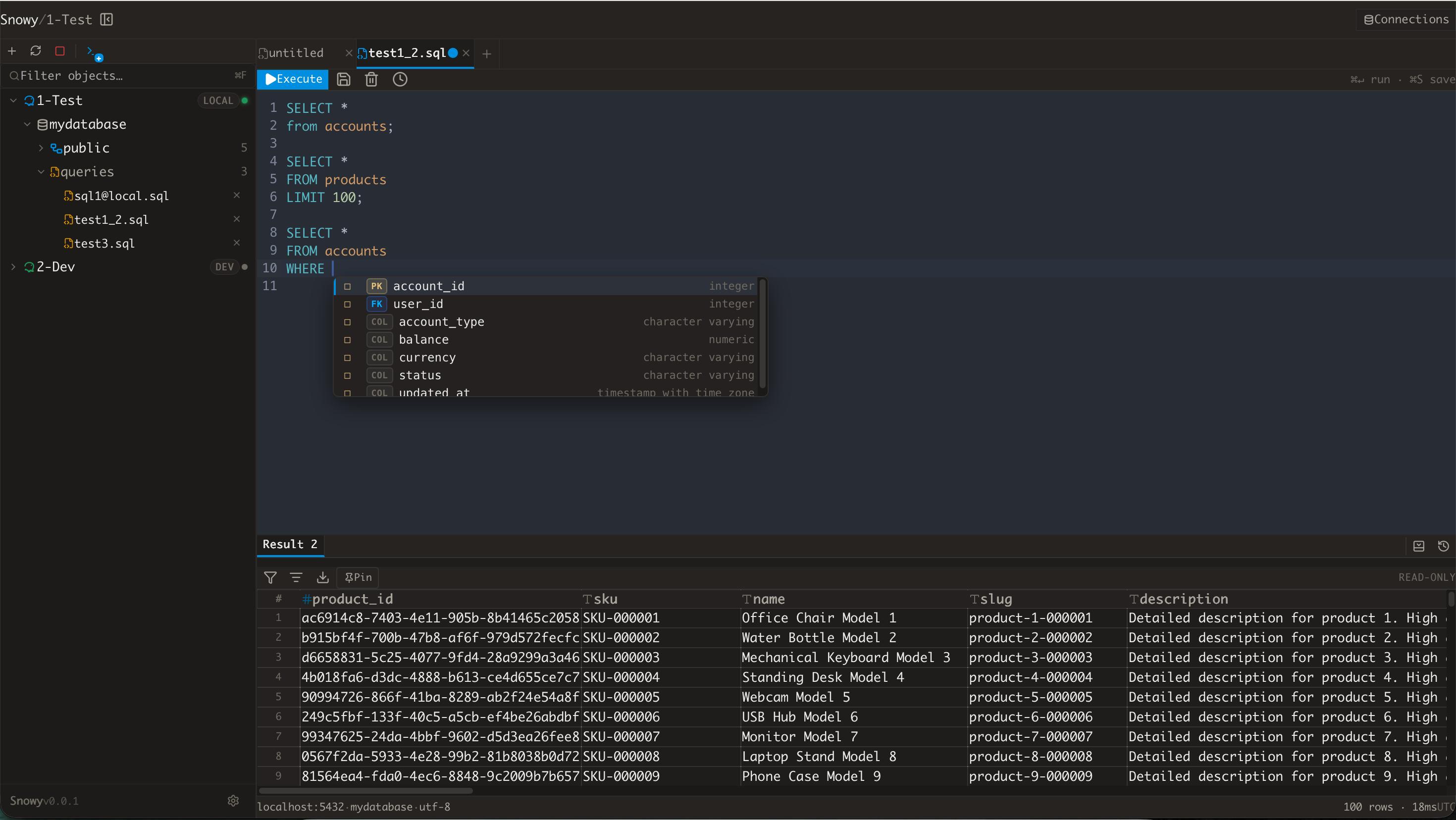 Snowy query editor and results panel